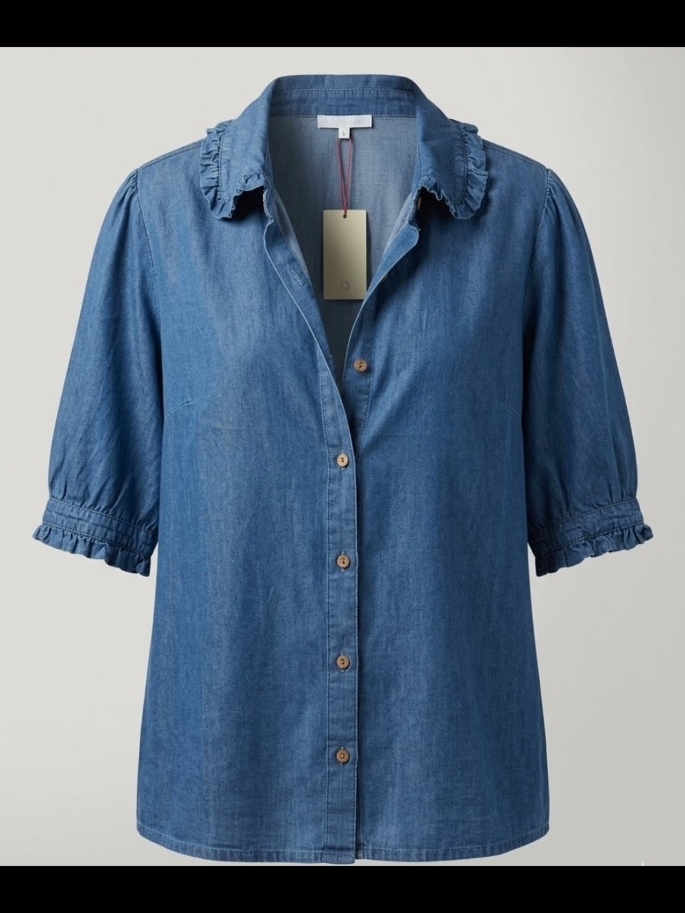 NWT Solitaire Ruffle Collar Denim Button-Down Shirt - Blue